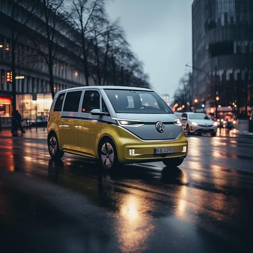 cinematic real picture of a VW ID BUZZ driving down a street in Berlin during winter. The image should be composed in a stylish and eye-catching way. The focus should be on the ID BUZZ, which should be rendered in high detail and with realism. The background should be a busy Berlin street, with a variety of other vehicles and pedestrians. The overall tone of the image should be optimistic and futuristic. Additional details: The ID BUZZ should be a bright and cheerful color. The Berlin street should be clean and modern. The time of day should be late afternoon or early evening. The lighting should be naturalistic. The overall mood of the image should be one of hope and possibility.
