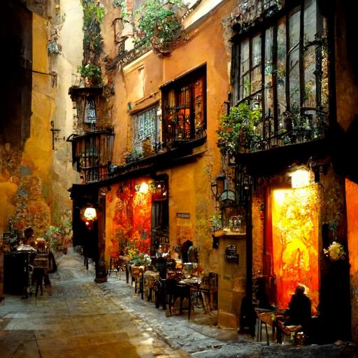 cinematic romantic art culture tapas dinner in cute cafe spanish alley by Gaudí