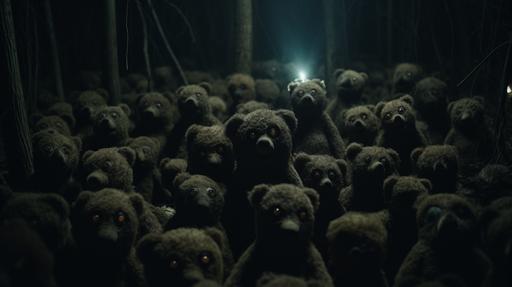 cinematic shot of a forest full of teddy bears with skin made of leather, night shot, bears have shining eyes that look terrifying, like cat's eyes at night reflecting back light, they are about to attack the cameraman, --ar 16:9 --style raw