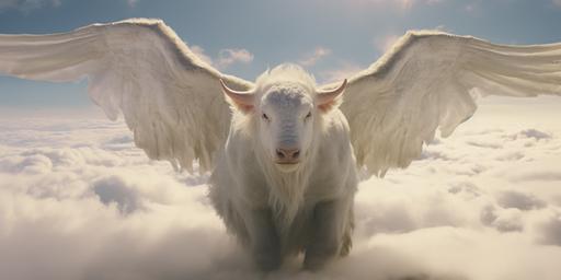 cinematic still, Film by Peter Jackson, white bull with white wings, in heaven, wide angle shot, --aspect 2:1