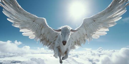 cinematic still, Film by Peter Jackson, white bull with white wings, in heaven, wide angle shot, --aspect 2:1