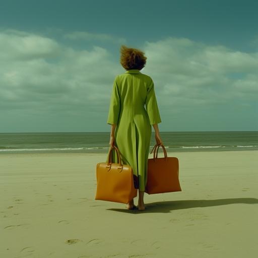 cinematic still, coen brothers movie, women with a green handbag standing on the beach, high definition