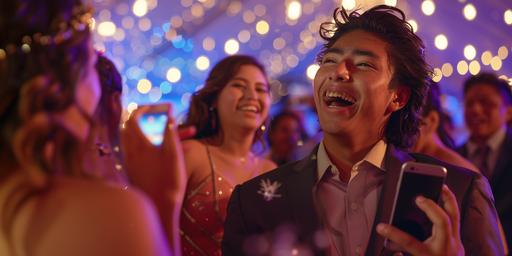 cinematic still, full body portrait of an excited FNL football fan at a quincenera watching a game on his iphone, party for a 15 year old girl, people are dressed up, wide angle , wide shot, 35mm, Kodak, 4K, hyper-detail, cinematographic --ar 2:1 --v 6.0 --style raw