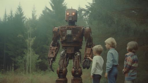 cinematic still of a children stopping environmentalists from attacking coniferous tree logging robots. sci-fi. super 8mm film, 80's retro, hyper-realistic --ar 16:9
