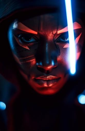 cinematic still photography. Extreme Close-up. Sith woman, Darth Quokkan, prepares for battle. Portrait photography. Scowling. Demon like face paint. Lit by glow of Light Saber. Setting is sci-fi space station. --q 2 --s 750 --v 5.1 --c 10 --ar 11:17 --style raw