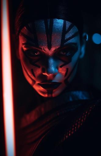 cinematic still photography. Extreme Close-up. Sith woman, Darth Quokkan, prepares for battle. Portrait photography. Scowling. Demon like face paint. Lit by glow of Light Saber. Setting is sci-fi space station. --q 2 --s 750 --v 5.1 --c 10 --ar 11:17 --style raw