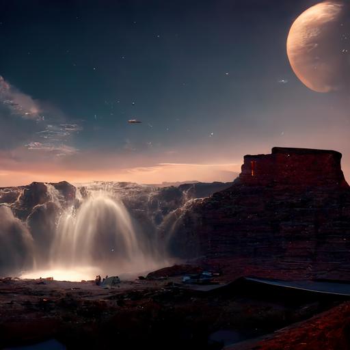 cinematic view of a brick house mixed with a waterfall on the grand canyon, symbolic, cosmos, space, galaxy, stars, clouds, many full moons, photorealistic, surrealism, atmospheric, dreamlike, concept art, unreal engine, HDR, eerily beautiful, octane render --test --uplight