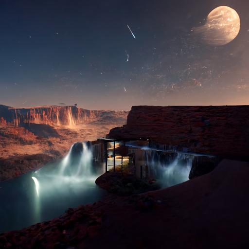 cinematic view of a brick house mixed with a waterfall on the grand canyon, symbolic, cosmos, space, galaxy, stars, clouds, many full moons, photorealistic, surrealism, atmospheric, dreamlike, concept art, unreal engine, HDR, eerily beautiful, octane render --test --uplight