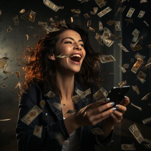 cinematic view of a woman happily pressing her phone, money flowing around her