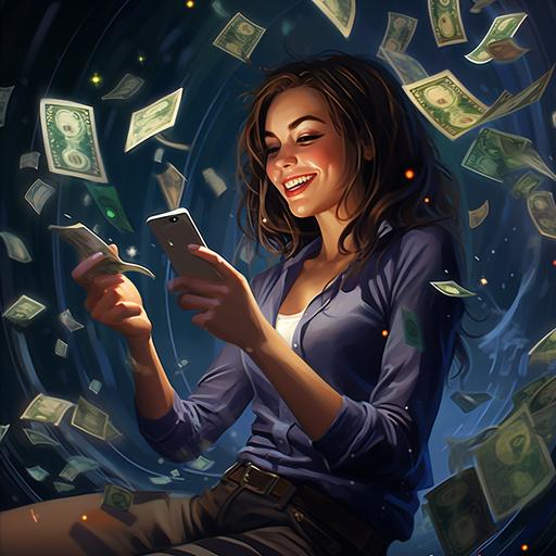 cinematic view of a woman happily pressing her phone, money flowing around her
