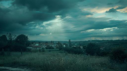 cinematic view of the sky, from far away, a ufo coming from the sky in the north of france, french countryside we recognize a french town far away, blue sky, netflix neon lights, mysterious, realistic like in bruno dumont movies --ar 16:9 --v 6.0