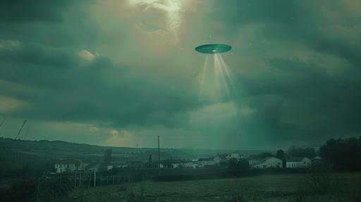 cinematic view of the sky, from far away, a ufo coming from the sky in the north of france, french countryside we recognize a french town far away, , netflix neon lights pink, stranger things lights, mysterious, realistic like in bruno dumont movies --ar 16:9 --v 6.0