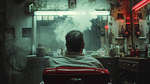 cinematic vintage film raw, ultra realistic, The camera reveals the atmosphere of a ladies' hair salon from the 1970s. Neon light, barber lamp, vintage barber pole light, A middle-aged male barber sits with his head down and smoking a cigarette in a dark corner of a barber's hairdressing chair. The red and white hair salon's iconic rotating neon lights were swirling. dramatic atmospheric perspective, cinematic light, dark and gritty, mirrored, motive body language, Christopher doyle, --ar 16:9 --v 6.0 --s 250