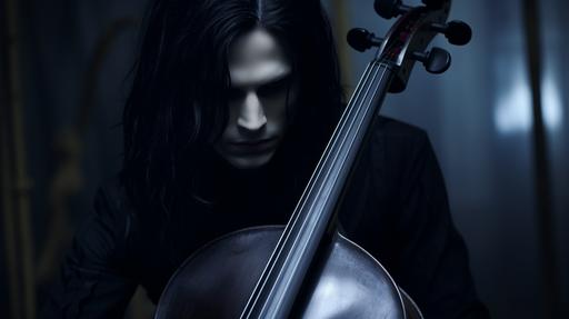 cinematic. extremely thin, young, twentysomething, male goth fae. alabaster skin. black clothes. black eyes. black hair. black lipstick. silver jewelery. playing the cello. cellist. --ar 16:9