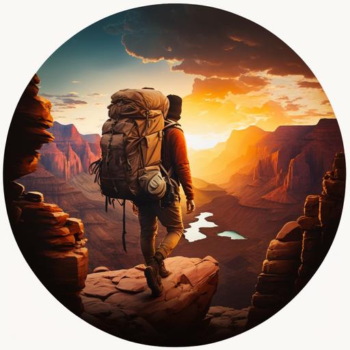 circle icon, backpacker travelling through Grand Canyon with backpack, during sunset