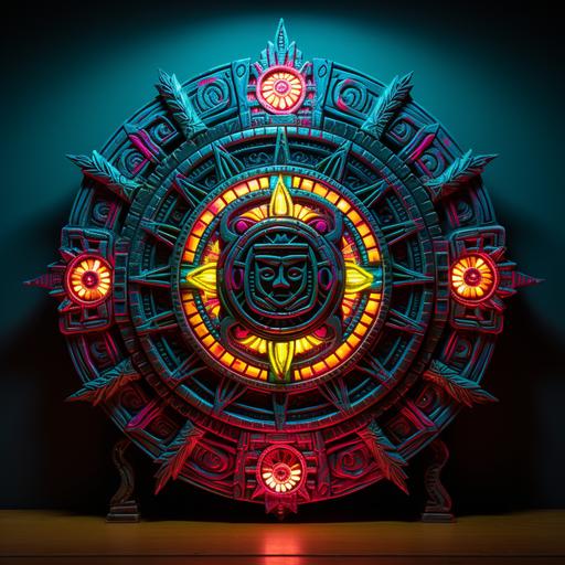 circuit neon lamp of an ancient mosaic of a aztec sun clock, neon victorian lamp, cyberpunk, neon, in a building wall