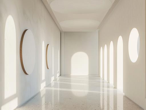 circular frames in a corridoor with high ceilings, hanging on the wall in a linear way, aligned throughout the corridoor, natural light --ar 4:3