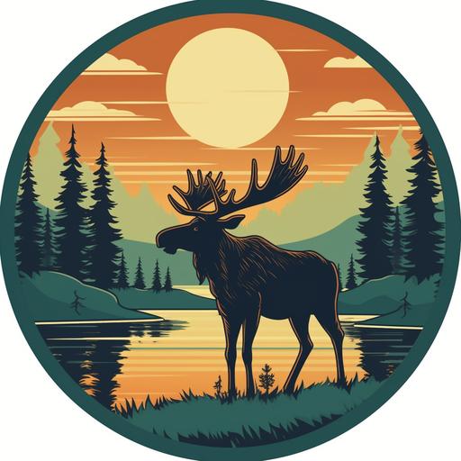 circular moose logo, animated but not juvenile, with wilderness background --v 5.1 --s 250
