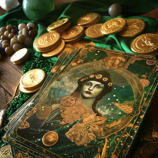 circus style as if Molly McGuire meets Tim Burton. A tarot reading surrounded by wealth and abundance and symbols of money emerald green and gold --v 6.0