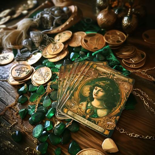 circus style as if Molly McGuire meets Tim Burton. A tarot reading surrounded by wealth and abundance and symbols of money emerald green and gold