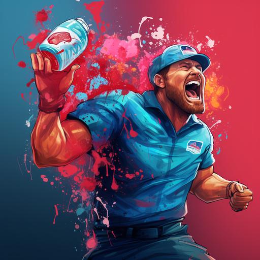 A digital painting of Dan Campbell, the Head Coach of the Detroit Lions, as the Kool-Aid mascot. He is bursting through a wall with a pitcher of Kool-Aid, yelling 