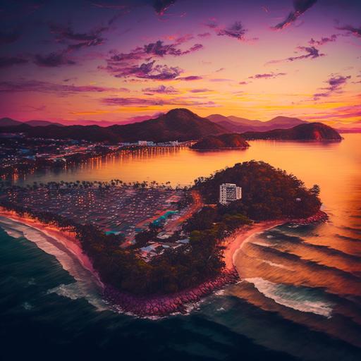 city of ubatuba, in são paulo brazil, praia do cedro, drone view, nice pink yellow and purple sunset. oil painting style