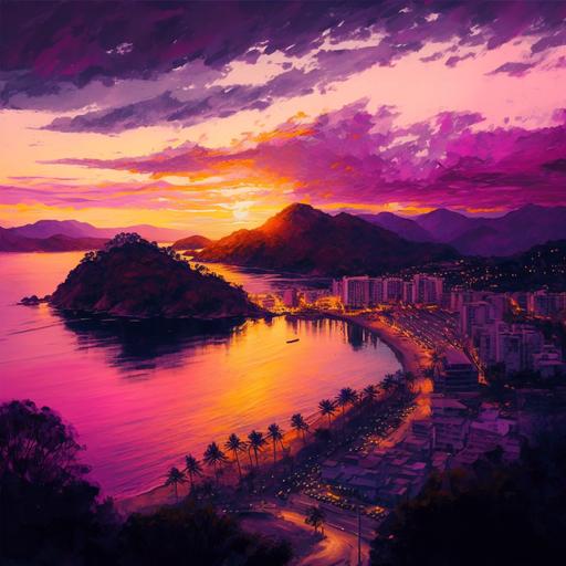 city of ubatuba, in são paulo brazil, praia do cedro, drone view, nice pink yellow and purple sunset. oil painting style