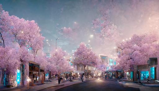 city street at the sea floor at night in pastel colors, pastel blue, pastel purple, pastel pink with a science fiction feeling. cherry blossom trees decorating the sides of the street. hyper realistic, unreal engine, octane rendering, detailed, glittery, --ar 16:9