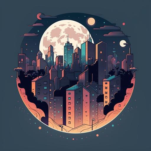 city with moon vector drawing, cartoon style, flat, 2d, soft color tone, outline by teeturtle, trending on artstation