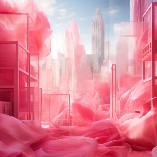 cityscape with transparent buildings made of sheer fluffy hot pink fabric