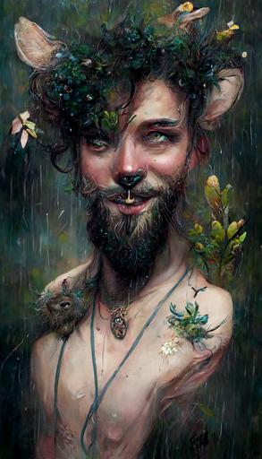 Adetailed mysterious portrait painting of a smiling bearded wildflower faun, long wet bedraggled hair, wearing furs, wearing two mouse pendant necklaces, songbird tattoos, undergrowth, rainy evening details, by Steven Kenny, Isabel Emrich, Charlie Bowater, Marcelo Monreal --ar 9:16 --seed 1234