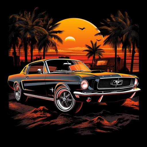 classic car t-shirt design, custom 1966 Ford Mustang, High-Octane Mood, retro mood, mechanic shop background, T-shirt design graphic, vector, contour, black background