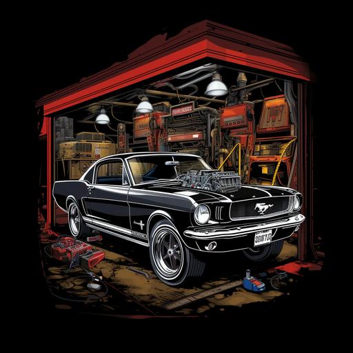 classic car t-shirt design, custom 1966 Ford Mustang, High-Octane Mood, retro mood, mechanic shop background, T-shirt design graphic, vector, contour, black background