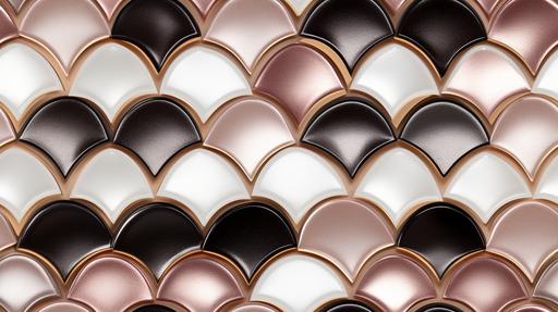 classic fish scale tile pattern, art deco, Wallpaper, gradient, silver, white, black, rose gold, mother of pearl, high octane render, realism, definition, symmetrical, mexican tile patterns, moorish tile patterns --ar 16:9 --tile