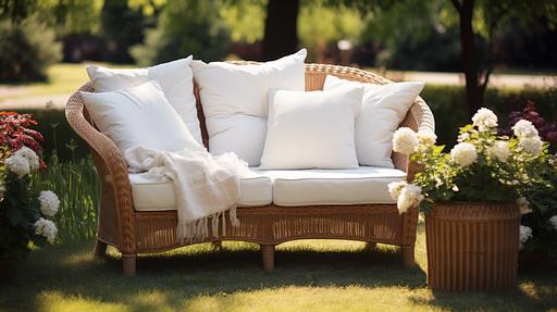 classic outdoor garden rattan straw with white pillows --ar 16:9