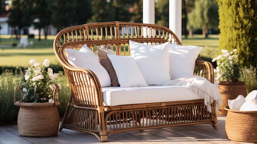 classic outdoor garden rattan straw with white pillows --ar 16:9