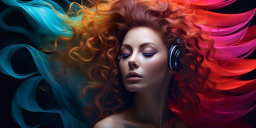 classical music expressed in color waves, beautiful woman, hyper realistic --no instrument --ar 2:1