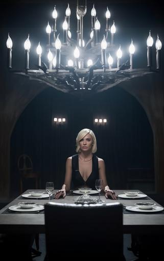 classy blonde woman sitting at the end of a long table. she's the boss of this room. filigree table with cutlery made with ornate opal diorite shards. gothic chandelier. lighting from above. combining the style of a modern thriller movie + Jack Hughes. cinestill. cinematic. power. --s 900 --ar 10:16 --c 13 --no watermark, signature, stamp, label