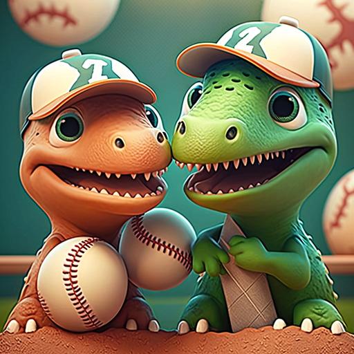 clay animation style, two cute baby dinosaurs playing baseball in baseball stadium, pop colors, fun, smile, --uplight