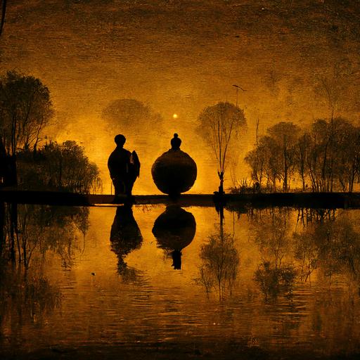 clay lamps lit around a waterbody, reflection seen in waterbody, silhouette of two Indian men and one women walking by the side of the road