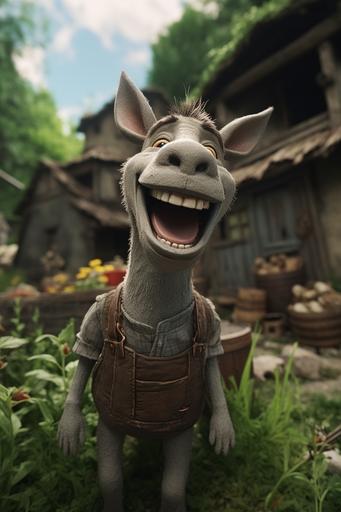 claymation donkey big smile, funny, happy, epic background farm, close-up shot --ar 2:3 --c 20 --v 5.2