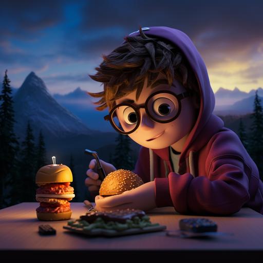 claymation technique lit kid ray tracing cinematic image webcam picture taken with provia louis 19 years old evilcore boy who is wearing an official Cotopaxi branded hoodie is eating a hamburger 🍔 emoji in front of the Cotopaxi 🌋 volcano stop motion animation short film using the claymation technique in the style of louis nightcore sun