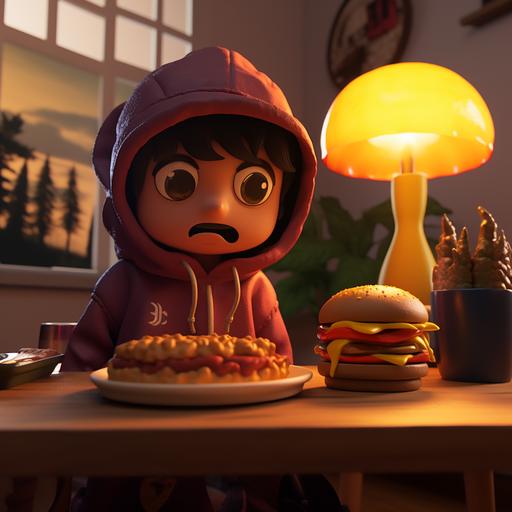 claymation technique lit kid ray tracing cinematic image webcam picture taken with provia louis 19 years old evilcore boy who is wearing an official Cotopaxi branded hoodie is eating a hamburger 🍔 emoji in front of the Cotopaxi 🌋 volcano stop motion animation short film using the claymation technique in the style of louis nightcore sun