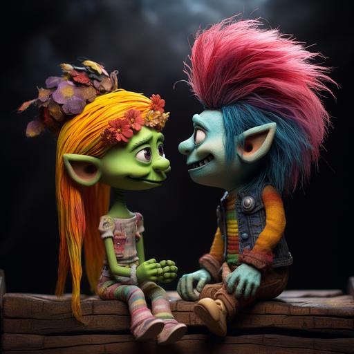 claymation: troll with raibow hair coloer meets frendly girl