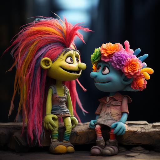 claymation: troll with raibow hair coloer meets frendly girl