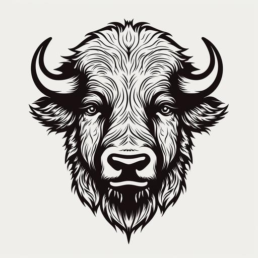 clean black line with clean white background simple thick line no shading wood cut style of front facing friendly bison head cartoon style very low detail --v 5.0