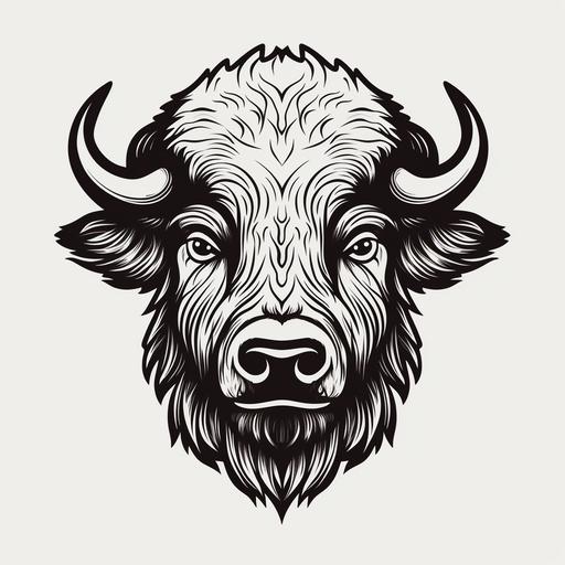 clean black line with clean white background simple thick line no shading wood cut style of front facing friendly bison head cartoon style very low detail --v 5.0