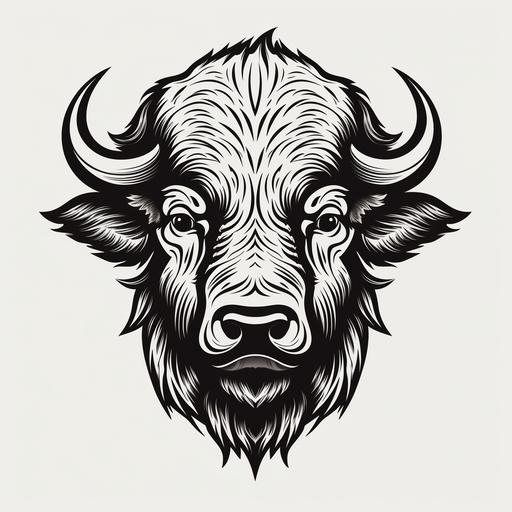 clean black line with clean white background simple thick line no shading wood cut style of front facing friendly bison head cartoon style very low detail --v 5.0