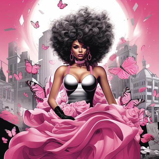 clean crisp colorful vector style illustration of dark skined woman wearing pink tulle skirt, pink boxing gloves, pink flowers and butterflies in her large curly coiled afro standing inside a black and white pictures of a city scene
