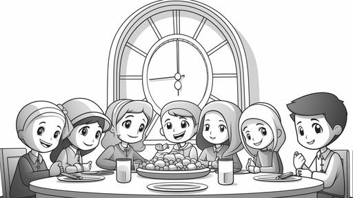 clean lines, coloring book page, no shading, black and white, super-cute cartoon characters, an image that depicts the traditional Muslim practice of fasting during Ramadan. The image should show a serene pre-dawn scene with a family gathered around a table, partaking in the suhoor meal. The room should be dimly lit, there’s a wall clock that shows the time as 3:00am, and the family members should have a peaceful expression on their faces. In the background, you should depict the early morning light just starting to break --ar 16:9